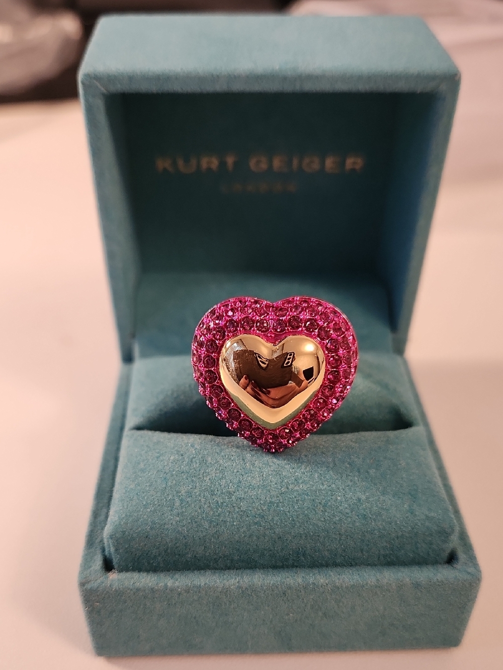 Kurt Geiger Hot Pink Crystal Heart Ring with Gold Center